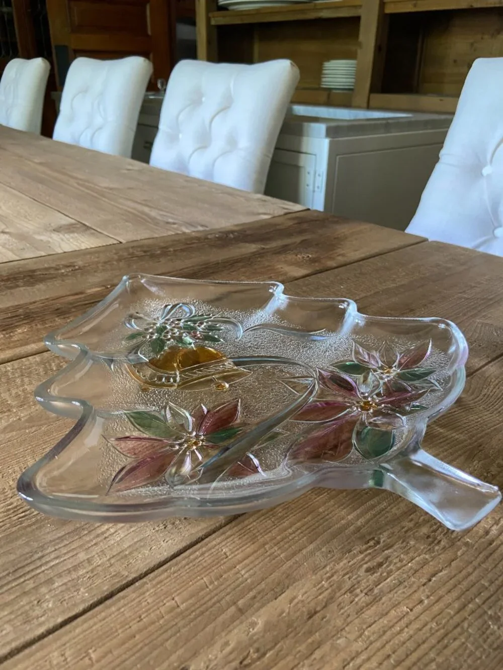 Christmas tree serving platter, holiday glass tray, hand painted centerpiece,
